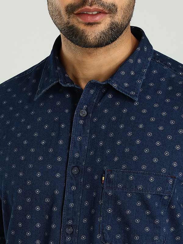 Indian Terrain Men's Regular Fit Full Sleeve Printed Dark Blue Shirt